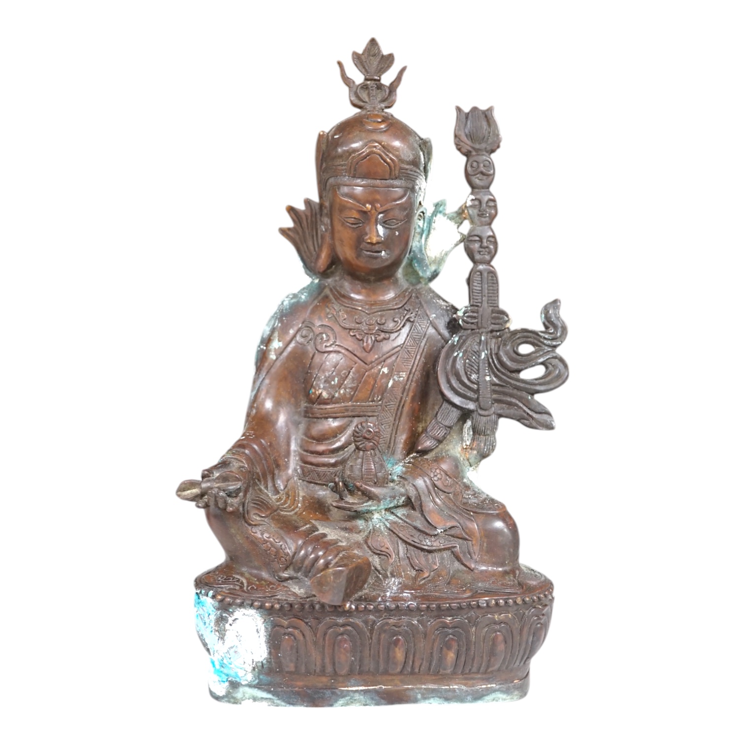 A Tibetan bronze Padmasambhava Buddhist figure, 29.5cm high. Condition - poor to fair.